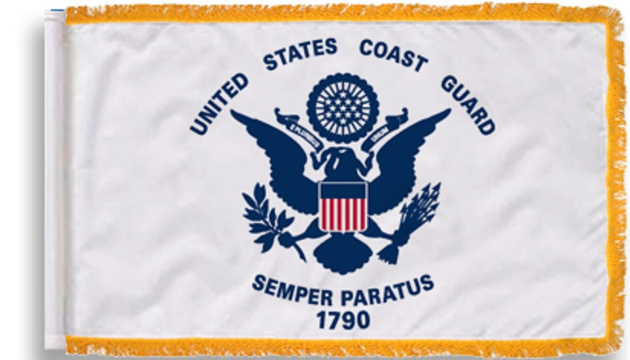 US Coast Guard Flag, Indoor Nylon, Size  4'4" x 5'6" with Pole Hem and Gold Fringe (Open Market)