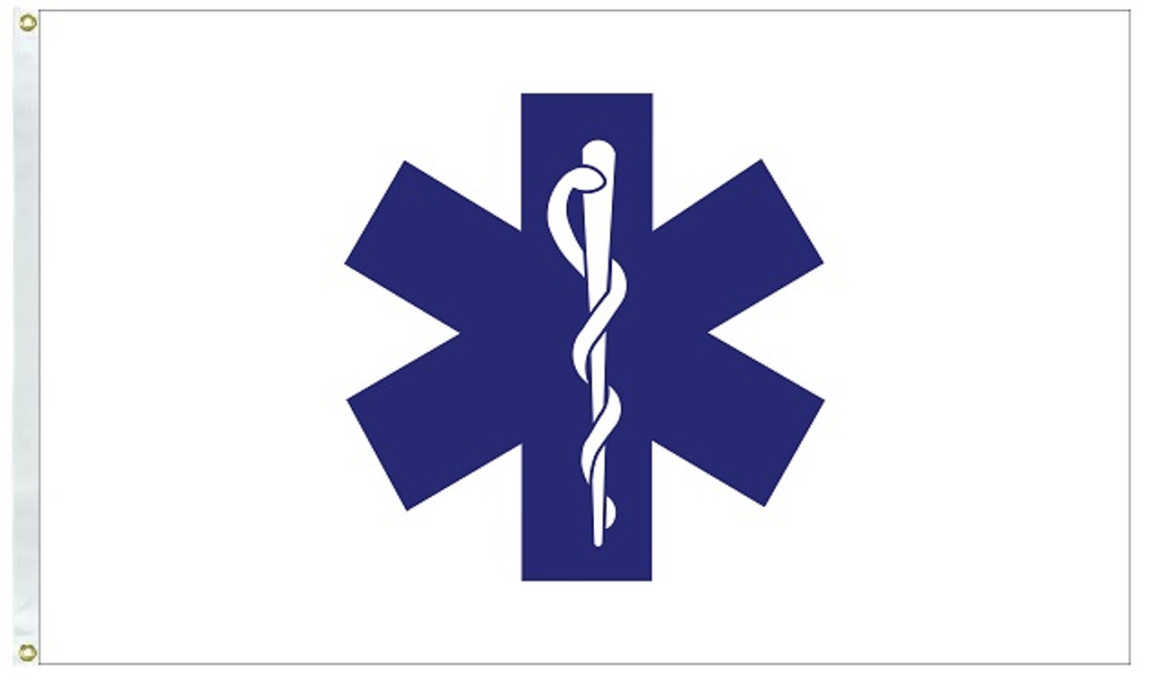 EMS Star of Life Flag 3' X 5', Nylon with Header and Grommets, 070288