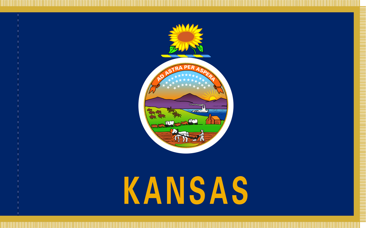 Kansas Flag with Pole Hem and Gold Fringe