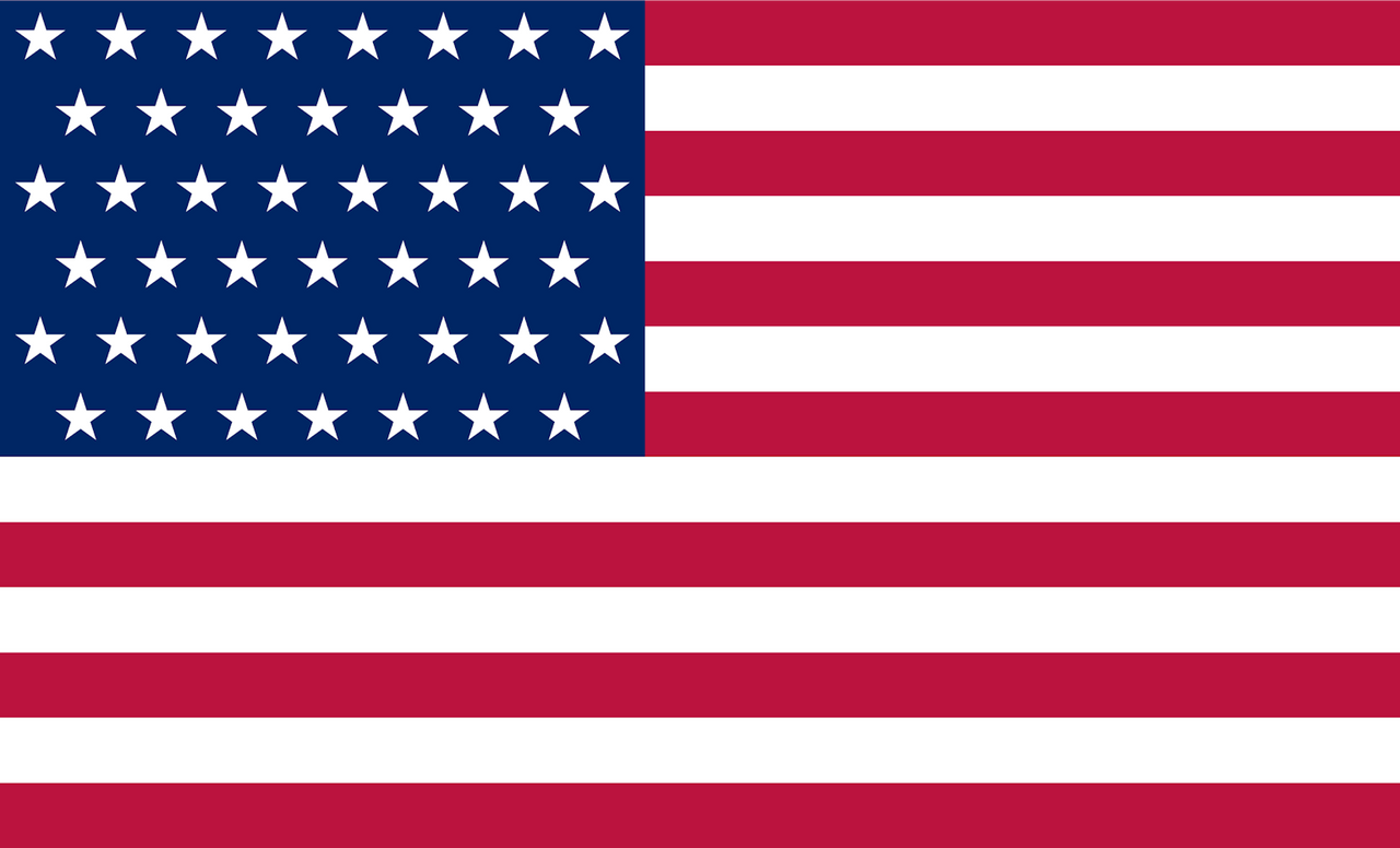 45 Star American Flag, 1896-1908 (UT), Nylon Applique Stars and Sewn Stripes