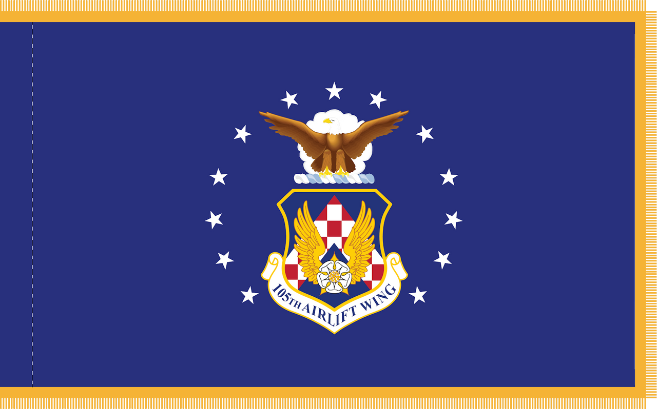  Air Force 105th Base Defense Group Flag w/ Eagle and Stars, Appliqued Nylon, Size 3' X 4' with Pole Hem and Gold Fringe