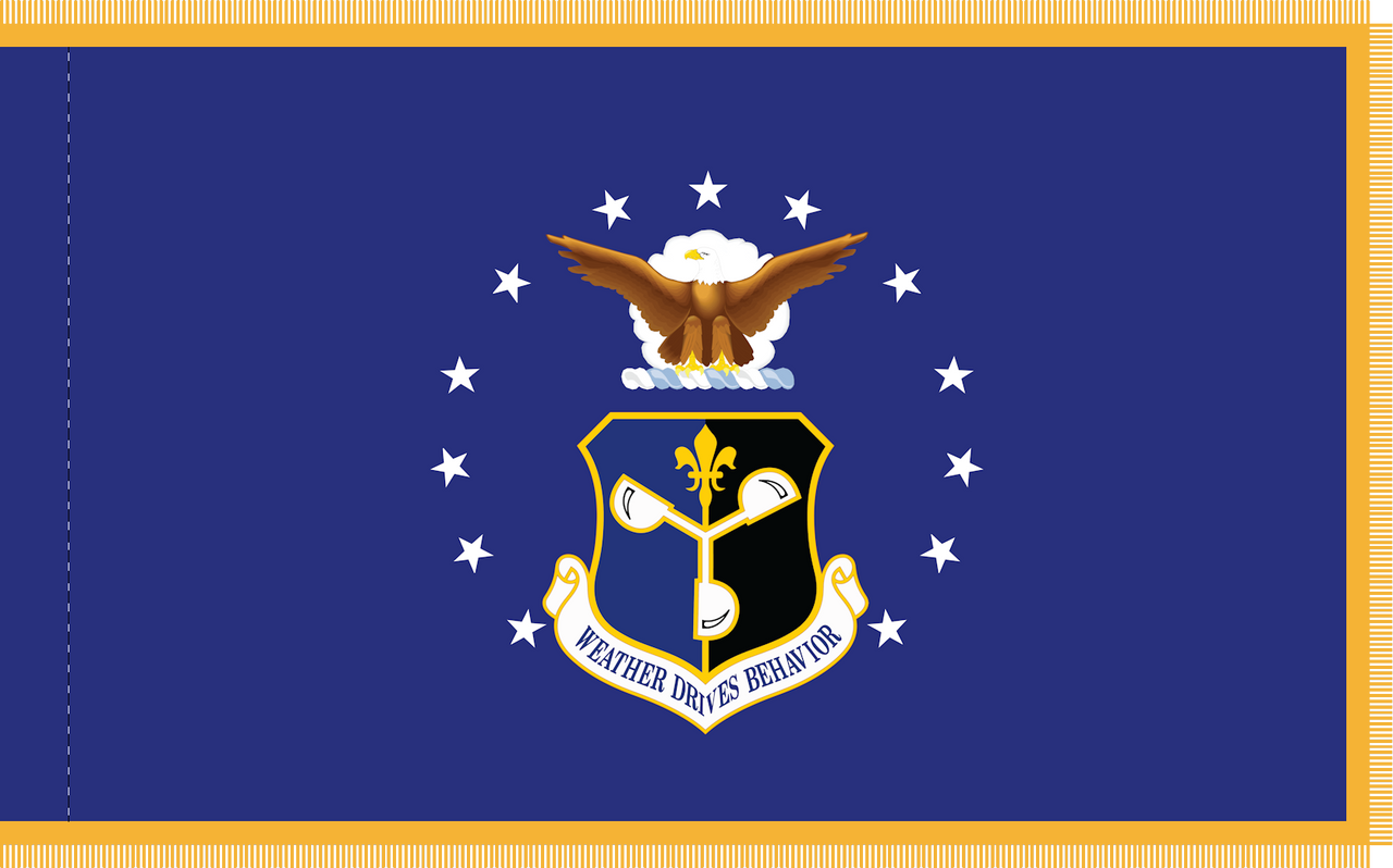 557th Weather Wing Flag Flag w/ Eagle and Stars, Appliqued Nylon, Size 3' X 5' with Pole Hem and Gold Fringe