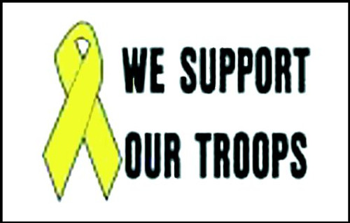 We Support Our Troops with Yellow Ribbon, 3' x 5', Printed Nylon with Header & Grommets