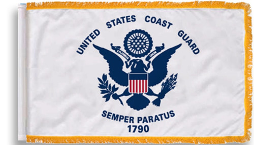 US Coast Guard Flag, Indoor Nylon, Size  4'4" x 5'6" with Pole Hem and Gold Fringe US Coast Guard Flag, Indoor Nylon, Size  4'4" x 5'6" with Pole Hem and Gold Fringe