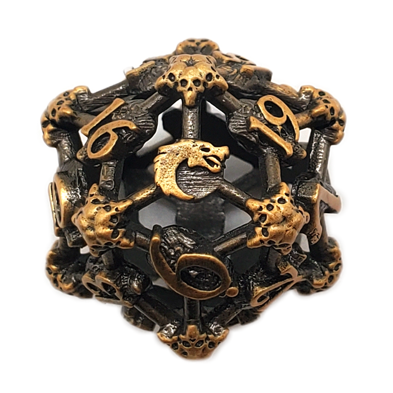 Dice and Gaming Accessories Other Gaming Accessories: Hollow Metal D20  Spindown - Skull - Ancient Gold - Tower of Games