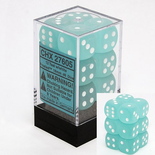 Dice and Gaming Accessories D6 Sets: Frosted: 16mm D6 Teal/White Block (12)