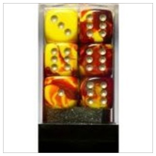Dice and Gaming Accessories D6 Sets: Swirled - Gemini: 16mm D6 Red Yellow/Silver (12)