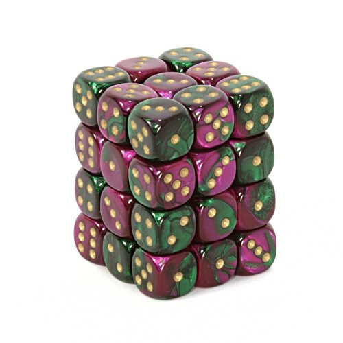 Dice and Gaming Accessories D6 Sets: Swirled - Gemini: 12mm D6 Green Purple/Gold (36)