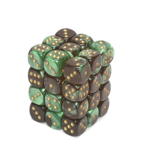 Dice and Gaming Accessories D6 Sets: Swirled - Gemini: 12mm D6 Black Green/Gold (36)