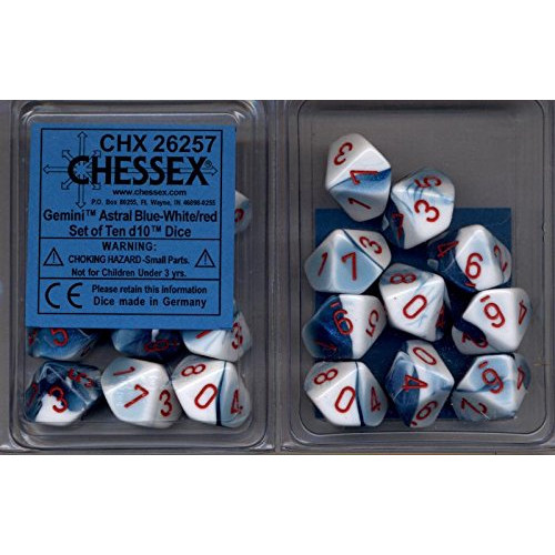 Dice and Gaming Accessories D10 Sets: Swirled - Gemini: D10 Astral Blue White/Red (10)