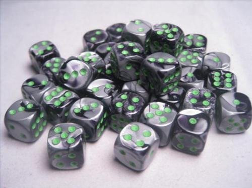 Dice and Gaming Accessories D6 Sets: Swirled - Gemini: 12mm D6 Black Gray/Green (36)
