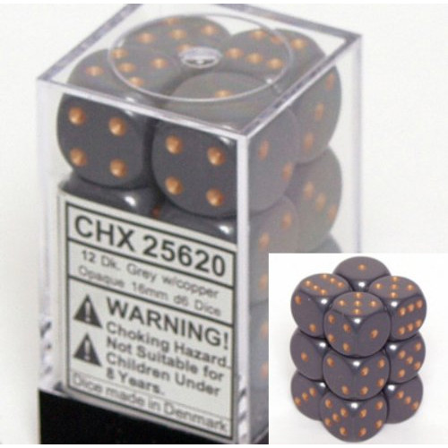 Dice and Gaming Accessories D6 Sets: Opaque: 16mm D6 Dark Grey/Copper (12)