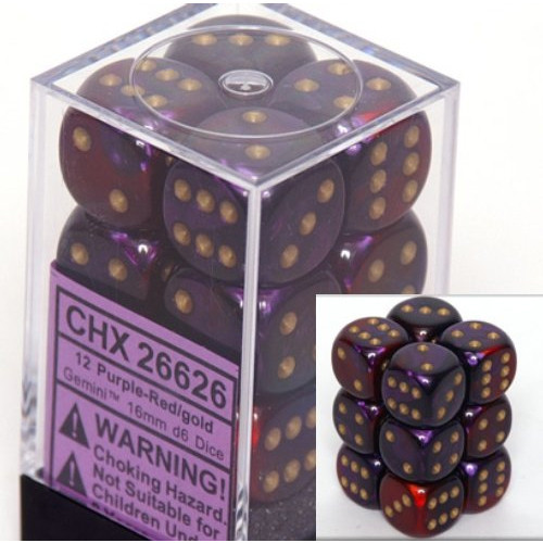Dice and Gaming Accessories D6 Sets: Swirled - Gemini: 16mm D6 Purple Red/Gold (12)