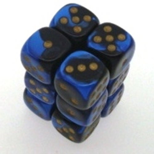 Dice and Gaming Accessories D6 Sets: Swirled - Gemini: 16mm D6 Black Blue/Gold (12)