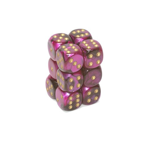 Dice and Gaming Accessories D6 Sets: Swirled - Gemini: 16mm D6 Black Purple/Gold (12)