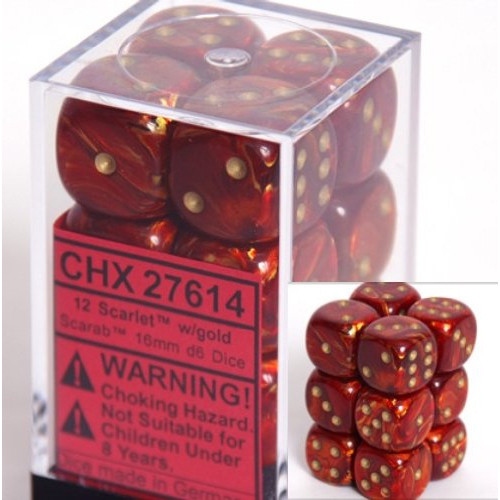 Dice and Gaming Accessories D6 Sets: Swirled - Scarab: 16mm D6 Scarlet/Gold (12)