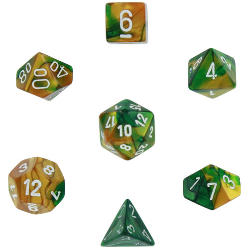 Dice and Gaming Accessories Polyhedral RPG Sets: Swirled - Gemini: Gold Green/White (7)