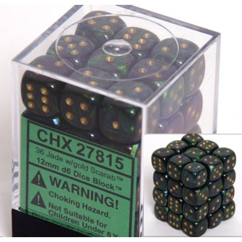Dice and Gaming Accessories D6 Sets: Swirled - Scarab: 12mm D6 Jade/Gold (36)