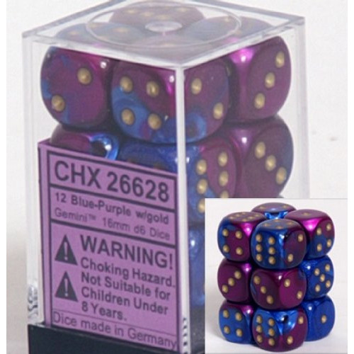 Dice and Gaming Accessories D6 Sets: Swirled - Gemini: 16mm D6 Blue Purple/Gold (12)