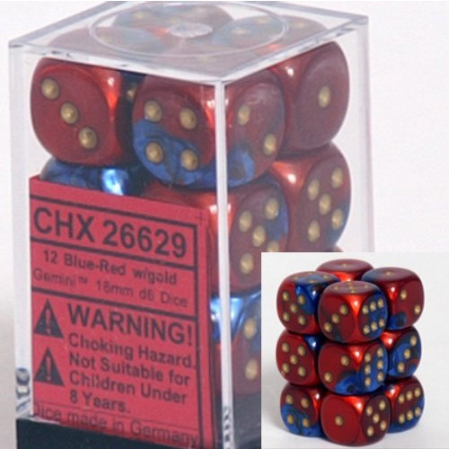 Dice and Gaming Accessories D6 Sets: Swirled - Gemini: 16mm D6 Blue Red/Gold (12)