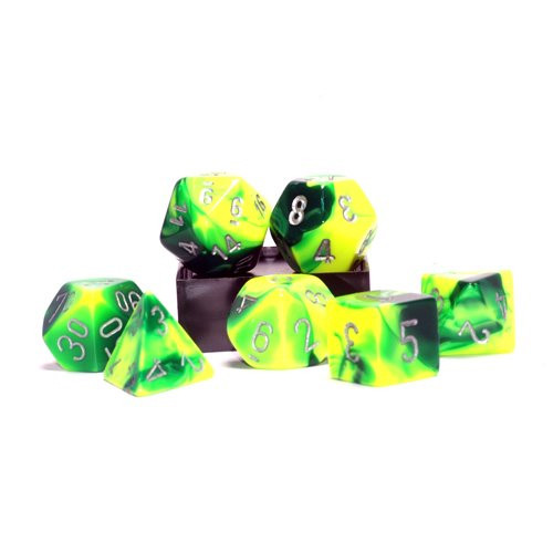 Dice and Gaming Accessories Polyhedral RPG Sets: Swirled - Gemini: Green Yellow/Silver (7)