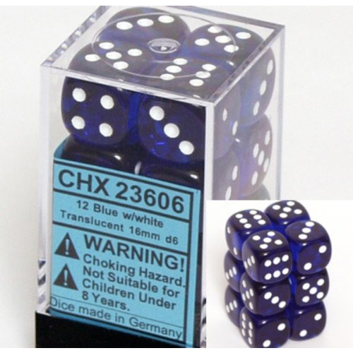 Dice and Gaming Accessories D6 Sets: Translucent: 16mm D6 Blue/White (12)