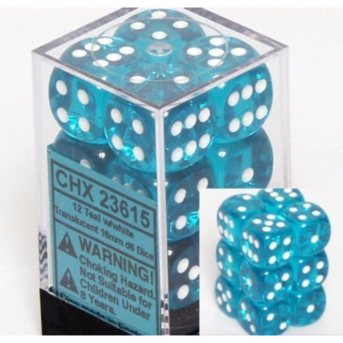 Dice and Gaming Accessories D6 Sets: Translucent: 16mm D6 Teal/White (12)