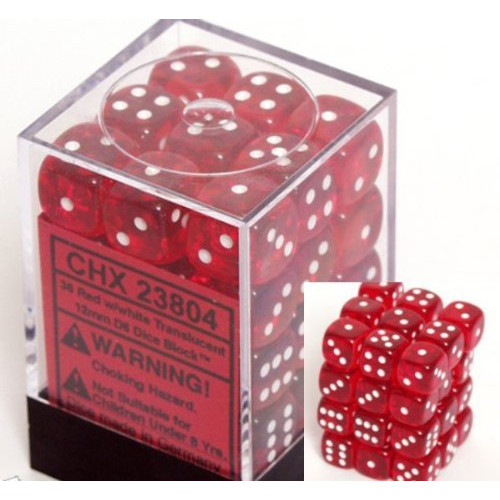 Dice and Gaming Accessories D6 Sets: Translucent: 12mm D6 Red/White (36)