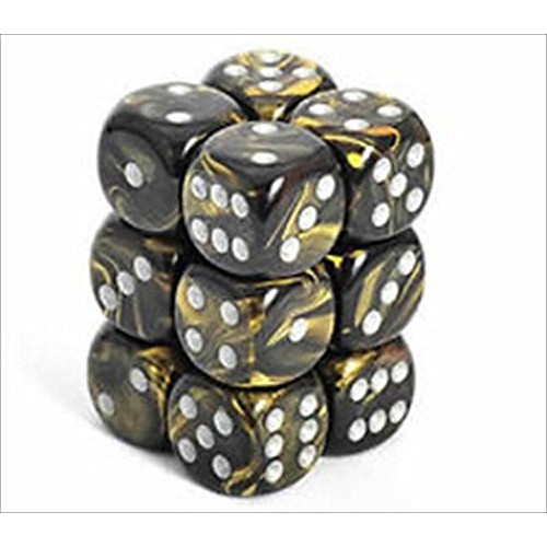 Dice and Gaming Accessories D6 Sets: Swirled - Gemini: 16mm D6 Black Gold/Silver (12)