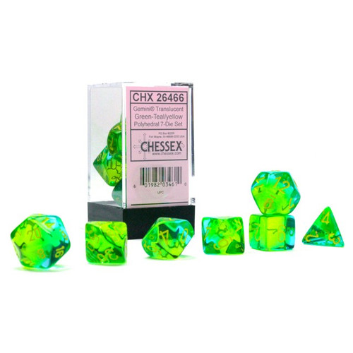 Dice and Gaming Accessories Polyhedral RPG Sets: Yellow and Green - Gemini: Poly Translucent Green-Teal/yellow (7) [CHX 26466]
