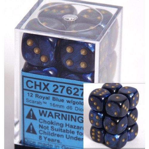 Dice and Gaming Accessories D6 Sets: Swirled - Scarab: 16mm D6 Royal Blue/Gold (12)