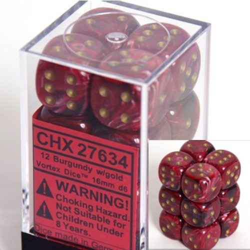 Dice and Gaming Accessories D6 Sets: Swirled - Vortex: 16mm D6 Burgundy/Gold (12)
