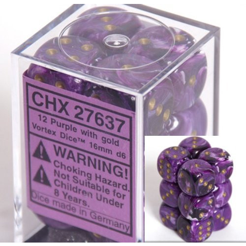Dice and Gaming Accessories D6 Sets: Swirled - Vortex: 16mm D6 Purple/Gold (12)