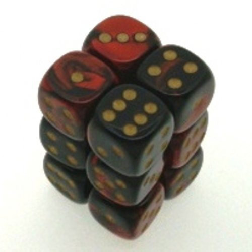 Dice and Gaming Accessories D6 Sets: Swirled - Gemini: 16mm D6 Black Red/Gold (12)