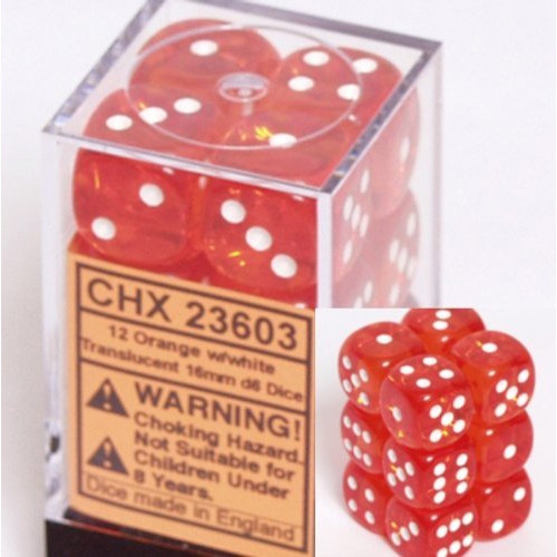 Dice and Gaming Accessories D6 Sets: Translucent: 16mm D6 Orange/White (12)