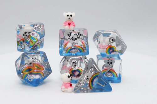 Dice and Gaming Accessories Polyhedral RPG Sets: White and Clear - Rainbow & Teddy (7)