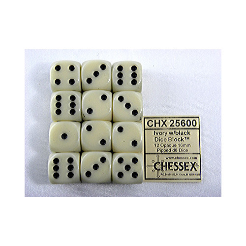 Dice and Gaming Accessories D6 Sets: Opaque: 16mm D6 Ivory/Black (12)