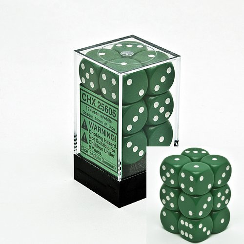 Dice and Gaming Accessories D6 Sets: Opaque: 16mm D6 Green/White (12)