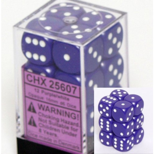 Dice and Gaming Accessories D6 Sets: Opaque: 16mm D6 Purple/White (12)