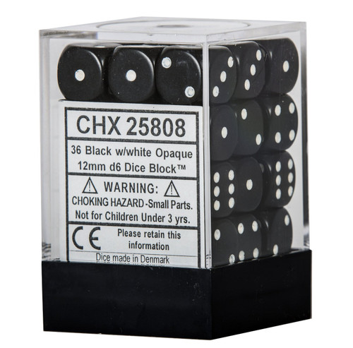 Dice and Gaming Accessories D6 Sets: Opaque: 12mm D6 Black/White (36)