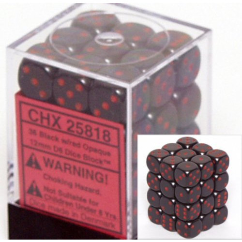 Dice and Gaming Accessories D6 Sets: Opaque: 12mm D6 Black/Red (36)