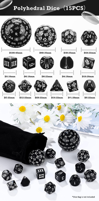 Dice and Gaming Accessories Polyhedral RPG Sets: Black and Grey - Black Complete Dice Set (15)