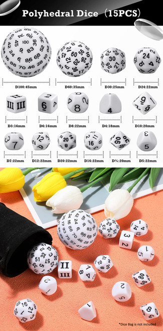 Dice and Gaming Accessories Polyhedral RPG Sets: White and Clear - White Complete Dice Set (15)