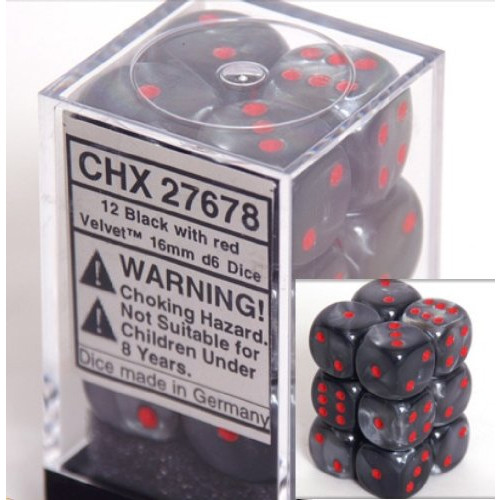 Dice and Gaming Accessories D6 Sets: Swirled - Velvet: 16mm D6 Black/Red (12)