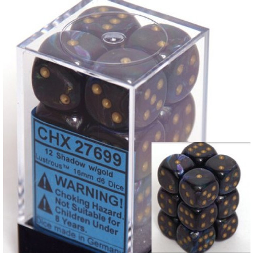 Dice and Gaming Accessories D6 Sets: Swirled - Lustrous: 16mm D6 Shadow/Gold (12)