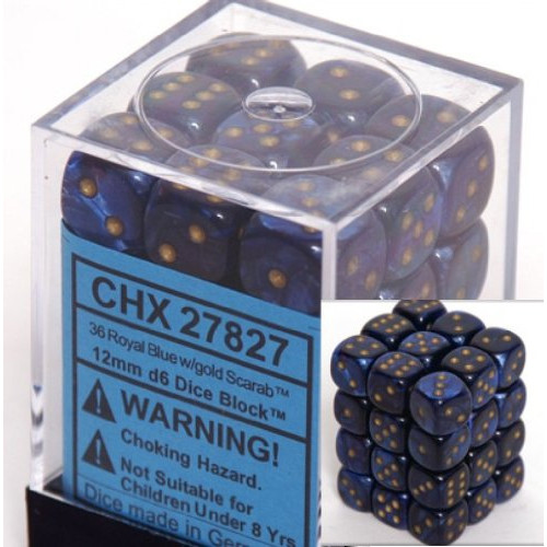 Dice and Gaming Accessories D6 Sets: Swirled - Scarab: 12mm D6 Royal Blue/Gold (36)