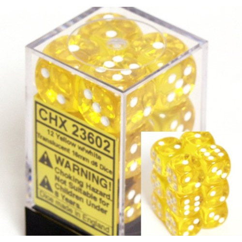 Dice and Gaming Accessories D6 Sets: Translucent: 16mm D6 Yellow/White (12)