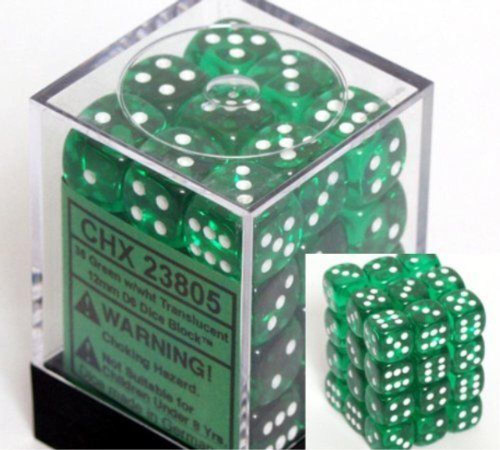 Dice and Gaming Accessories D6 Sets: Translucent: 12mm D6 Green/White (36)