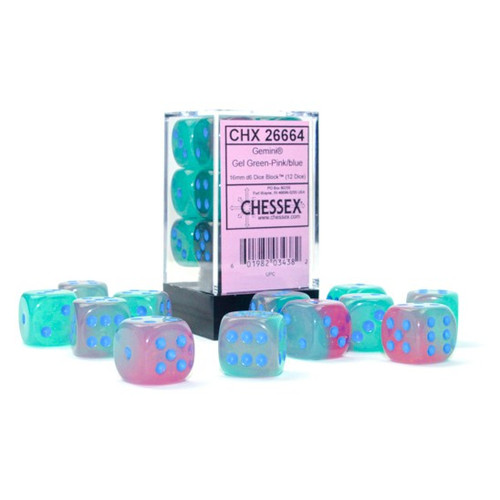 Dice and Gaming Accessories D6 Sets: Purple and Pink - Gemini: 16mm D6 Gel Green-Pink/blue Luminary (12)