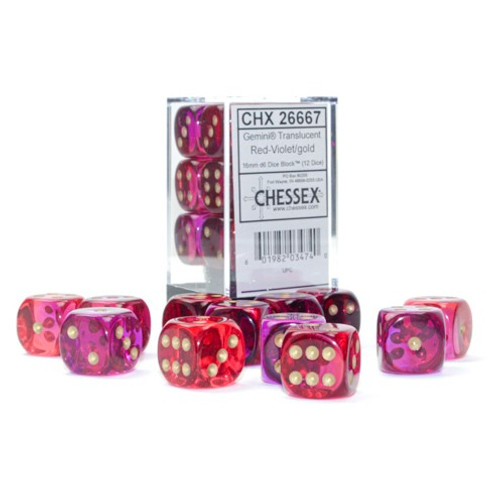 Dice and Gaming Accessories D6 Sets: Red and Orange - Gemini: 16mm D6 Translucent Red-Violet/gold (12)